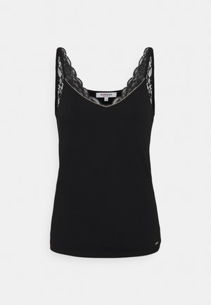 Haut sans manches noir pour femme avec bordure en dentelle à l'encolure et aux bretelles, taille small indiquée, présenté sur un fond blanc uni.