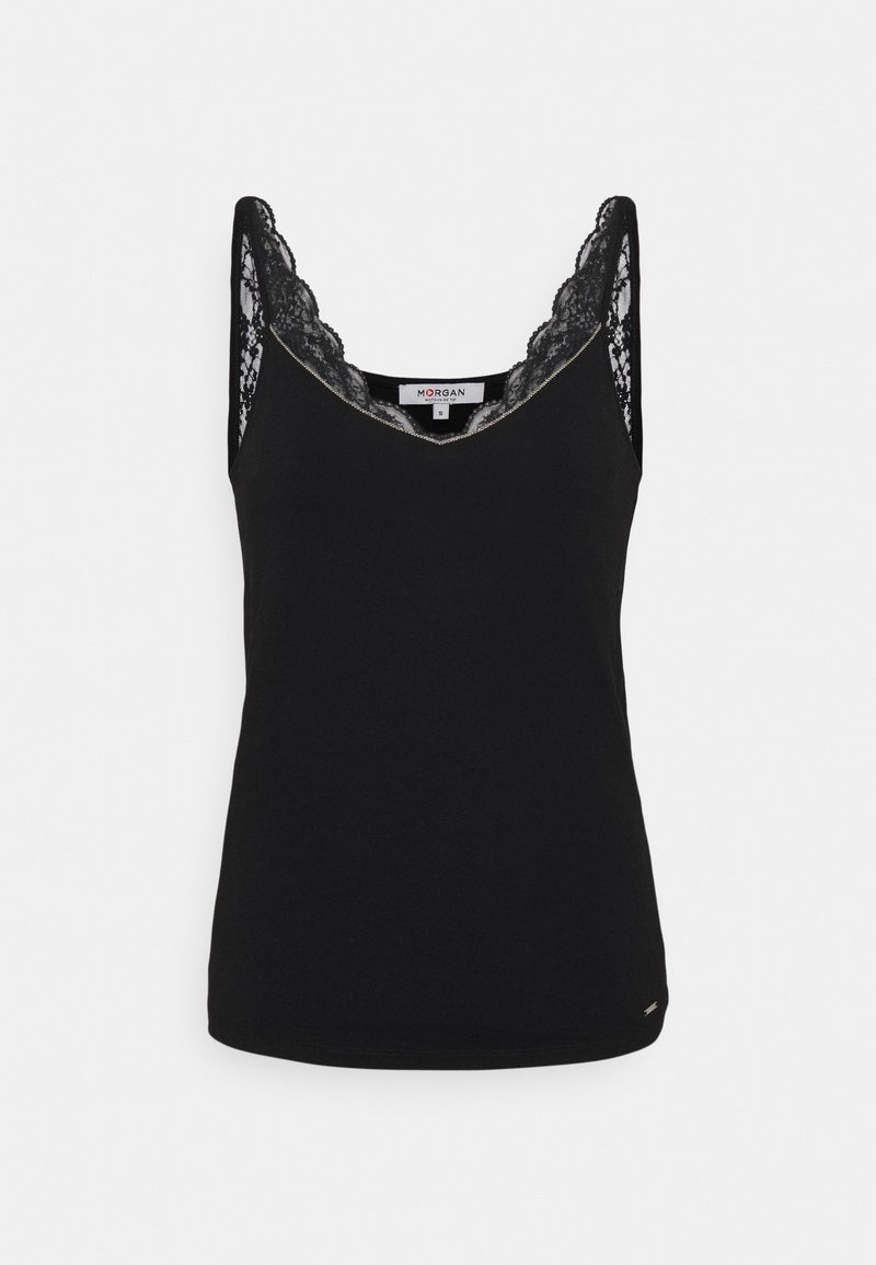 Haut sans manches noir pour femme avec bordure en dentelle à l'encolure et aux bretelles, taille small indiquée, présenté sur un fond blanc uni.