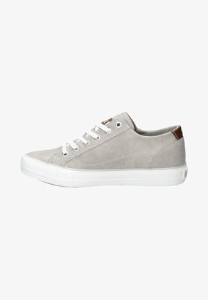 Gray suede sneaker with white rubber sole, round toe, metal eyelets, and white laces. Features small brown accent at the heel.
