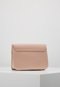 Piccola borsa a tracolla in pelle textured rosa chiaro con chiusura a pattina e tracolla in catena dorata, posata su un piedistallo bianco.