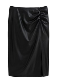 Zwarte nep leren rok met een gerimpeld detail aan de zijkant en een knielange snit met een split voor extra stijl. Glad oppervlak.