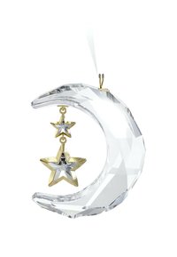 Kristallen ornament in de vorm van een maansikkel met twee goudaccenten sterren die eronder hangen, voorzien van een geslepen ontwerp en een transparante textuur.