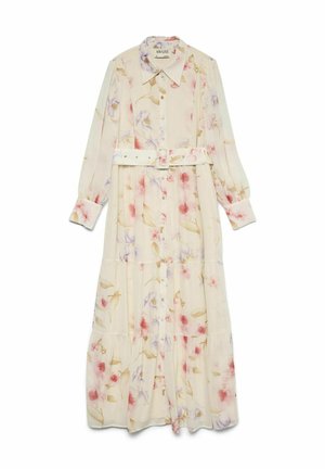 Gėlėta ilgo rankovės suknelė šviesiai kremiškos spalvos su rožinėmis ir purpurinėmis raštais, su mygtukų užsegimu priekyje, apykakle ir atitinkamu diržu. Lengvas audinys, sluoksniuotas dizainas.