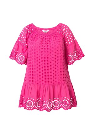 Roze blouse met een peplumdesign, voorzien van oogjesborduurwerk, korte pofmouwen en een geplooide halslijn. Geweven stof met uitsnijdingen.