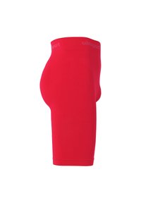 Rote Kompressionsshorts mit enger Passform, die strukturierten Muster an den Seiten und einen elastischen Bund mit "uhlsport"-Logo aufweisen.