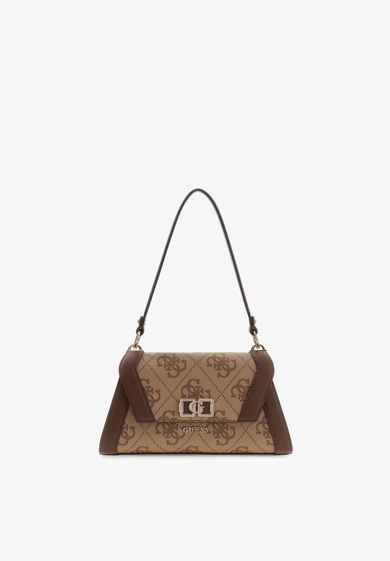 Borsa marrone e beige con motivo monogramma, forma strutturata e manico corto. Presenta una chiusura metallica e dettaglio logo sul davanti.