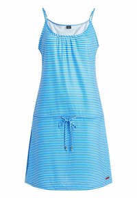 Vestido a rayas azul y blanco con cintura ajustada, tirantes de espagueti ajustables y cuello redondeado. Tejido suave con un ajuste casual.