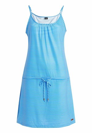 Blauw-wit gestreepte jurk met een strakke taille, verstelbare spaghettibandjes en een ronde hals. Zachte stof met een casual pasvorm.