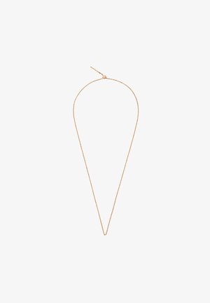Gouden ketting met een minimalistisch design; heeft een slanke, verlengde vorm en een veilige sluiting.