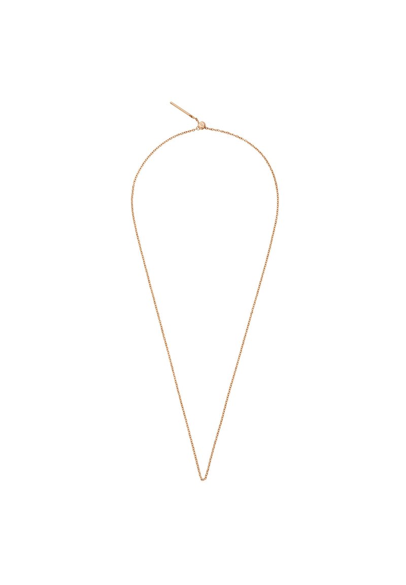 Auksinės spalvos grandinėlė su minimalistiniu dizainu; turi liekną, pailgą formą ir saugų užsegimo mechanizmą.