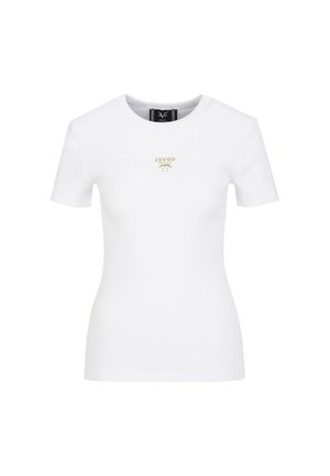 Wit aansluitend T-shirt met korte mouwen, ronde hals en klein gouden "LV86 ITALIA"-logo gecentreerd vlak bij de kraag.