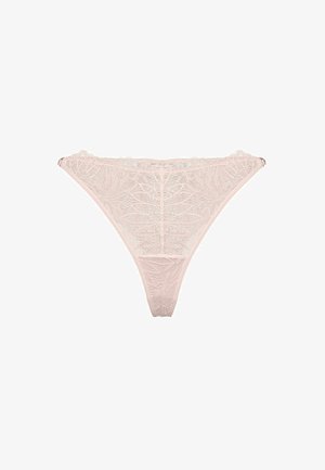 Delicate pale pink lace thong with floral pattern and scalloped edges, designed for a minimal and feminine look.