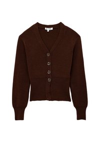 Czekoladowy sweter z dzianiny z głębokim dekoltem w serek, pięcioma guzikami z przodu oraz dopasowanym pasem i ściągaczami na mankietach i dolnym brzegu. Miękka tekstura i krótki krój.
