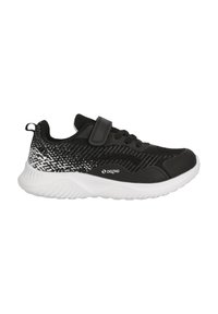 Schwarzer Sportschuh mit Mesh-Obermaterial, das ein strukturiertes Muster aufweist, einem Klettverschlussriemen und einer weißen Gummisohle mit gewelltem Design.