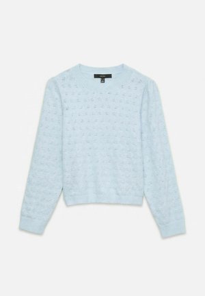 Světle modrý dlouhý pletený svetr s jemným vzorem průvlaku a žebrovanými manžetami a lemem.