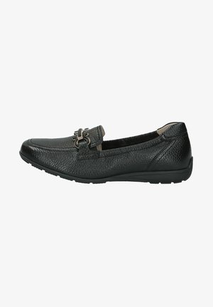 Fekete bőr loafer texturált felülettel, díszes fém részlettel az elején, lekerekített orral és rugalmas gumi talppal.