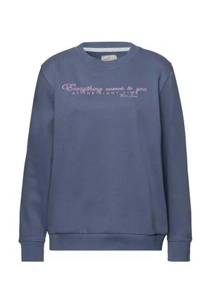 Niebieski sweatshirt z miękkiego materiału, z okrągłym dekoltem, długimi rękawami i różowym, kursywnym tekstem na klatce piersiowej. ściągacze przy rękawach i u dołu.