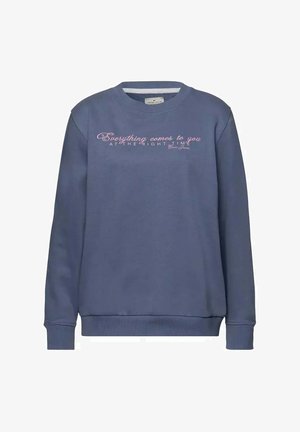 Niebieski sweatshirt z miękkiego materiału, z okrągłym dekoltem, długimi rękawami i różowym, kursywnym tekstem na klatce piersiowej. ściągacze przy rękawach i u dołu.