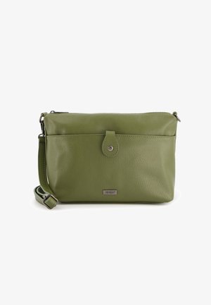 Sac bandoulière en cuir vert avec une texture lisse, fermeture éclair, détail à bouton-pression et bandoulière réglable. Présente un logo à l'avant.