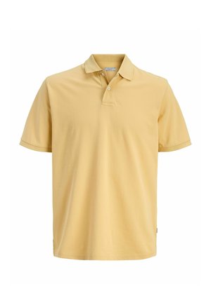 Hellgelbes Polohemd mit kurzen Ärmeln, Zweiknopfleiste und weichem Kragen, auf weißem Hintergrund präsentiert.