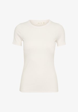 Rövid ujjú, fehér póló bordázott pamutból, kerek nyakkivágással és testhez simuló fazonnal. Nincs feltűnő minta vagy díszítés.