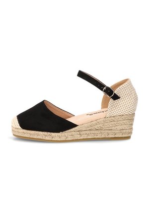 Zapato de cuña espadrille para mujer con puntera cerrada negra, tacón beige a cuadros, correa en el tobillo y suela trenzada de yute.
