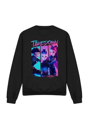 Black sweatshirt featuring three stylized female characters in blue and purple tones with the word "TAKEDOWN" above and "K-POP Demon Hunters" below.