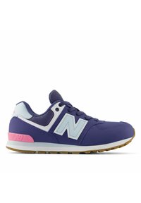 Purple athletic shoe with mesh and synthetic material, features a blue logo, white accents, and a pink heel counter. Durable rubber sole.