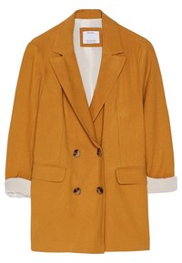 Dubbelknäppt senapsgult kappa med fällknäppte kragar, två framfickor och uppvikta ärmar med vit accent; mjukt tyg.