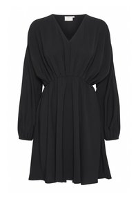 Robe noire avec un col en V, manches longues bouffantes, taille froncée et jupe fluide. Confectionnée dans un tissu léger à la texture douce.