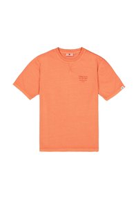 Camiseta de algodón naranja con cuello redondo, mangas cortas, ligera textura y una pequeña frase impresa en el frente.