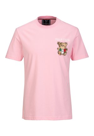 Hellrosa kurzärmeliges T-Shirt mit einer kleinen Teddybär-Grafik und dem Schriftzug "19V69 Italia" auf der linken Brustseite.