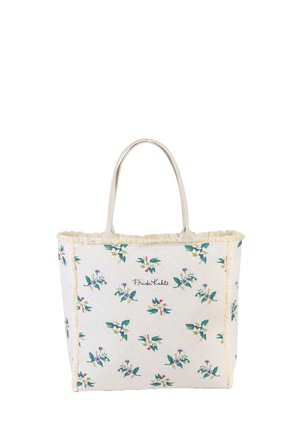 Tote-Tasche aus cremefarbener Stoff mit floralem Muster, ausgestattet mit einem fransigen Rand und zwei stabilen beigen Trägern. Bedruckter Text: "Frida Kahlo."