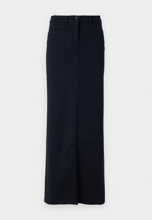 Gonna di jeans lunga blu navy con silhouette dritta, chiusura frontale con bottoni, passanti per cintura e tasche frontali. Tessuto liscio.