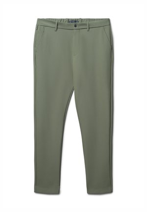 Pantaloni verde oliva realizzati in tessuto liscio, caratterizzati da un design aderente, tasche laterali e chiusura con bottone frontale.