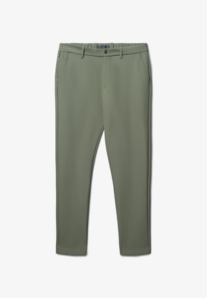 Pantaloni verde oliva realizzati in tessuto liscio, caratterizzati da un design aderente, tasche laterali e chiusura con bottone frontale.