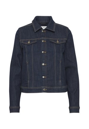Dark blue denim jacket featuring a classic design with a collar, front buttons, and two chest pockets with flaps. Contrasting stitching detail.