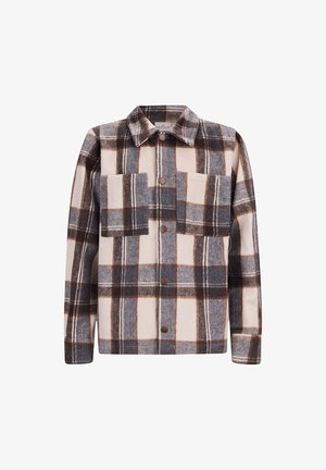 Plaid shirt jacket in beige, gray, and brown. Made of soft fabric with two chest pockets and snap buttons. Features a classic collar and long sleeves.