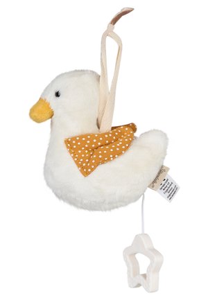 Plush white duck toy with orange beak, polka-dot fabric wing, hanging loop, and pull string with white star-shaped handle.
