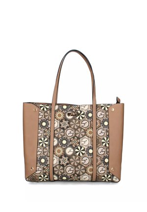 Borsa Tote con lati e manici in pelle beige, caratterizzata da un motivo geometrico esagonale in marrone, beige e nero con motivi di stelle e cerchi.