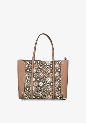 Borsa Tote con lati e manici in pelle beige, caratterizzata da un motivo geometrico esagonale in marrone, beige e nero con motivi di stelle e cerchi.