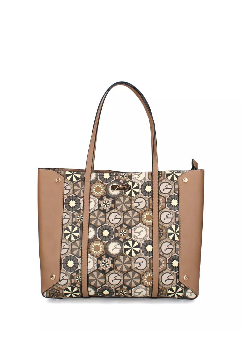 Borsa Tote con lati e manici in pelle beige, caratterizzata da un motivo geometrico esagonale in marrone, beige e nero con motivi di stelle e cerchi.