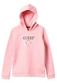 Różowa bluza z kapturem, wykonana z miękkiego materiału, z trójkątnym logo na środku z napisem "GUESS" oraz "U.S.A.". Posiada regulowany kaptur.