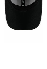 Black cap with a slightly curved brim. The interior features a gray lining. The crown's texture is smooth with a structured shape.