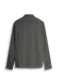 Camisa de manga larga en gris oscuro con un patrón geométrico de cuadros. Confeccionada en una tela suave, presenta un cuello clásico y puños con botones.