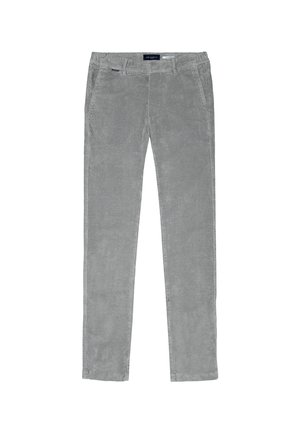 Graue Cordhosen mit geradem Bein, ausgestattet mit Seitentaschen und einer glatten Textur. Markenlabel am Bund sichtbar.