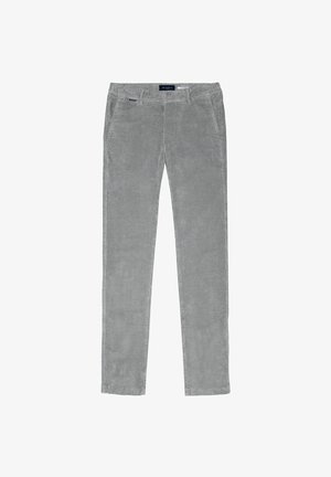 Pantalons en velours côtelé gris avec une coupe droite, comportant des poches latérales et une texture lisse. Étiquette de marque visible sur la taille.
