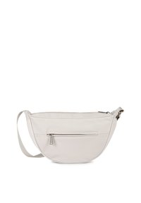 Borsa crossbody in nylon grigio chiaro con design curvo, dotata di un compartimento principale con zip e una tasca frontale con zip, e una tracolla piatta regolabile.