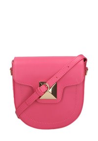 Borsa a tracolla sintetica rosa dalla forma rotonda, con patta piatta, accento quadra dorato e tracolla removibile. Texture liscia con dettagli cuciti.