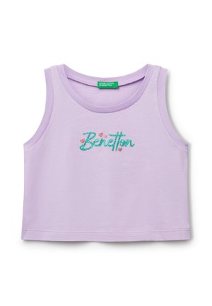 Lavendelfarbenes, ärmelloses Crop-Top aus weichem Stoff, das das Logo "Benetton" in türkisfarbenen und pinken Stickereien mit kleinen Herzakzenten zeigt.